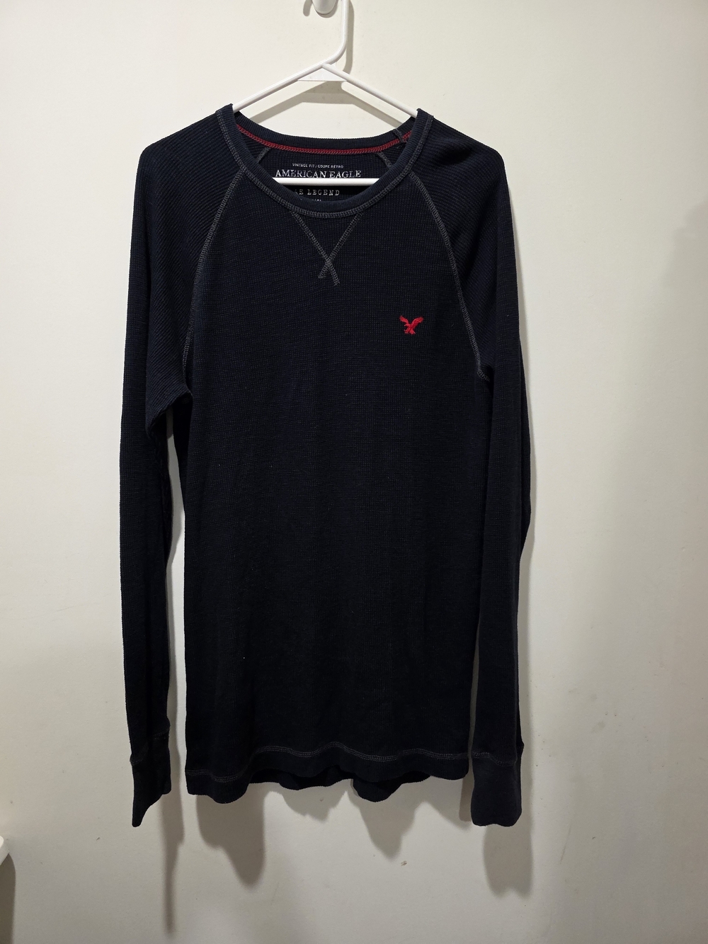 American Eagle Outfitters Men’s Black Waffle Long-Sleeve with Red Logo